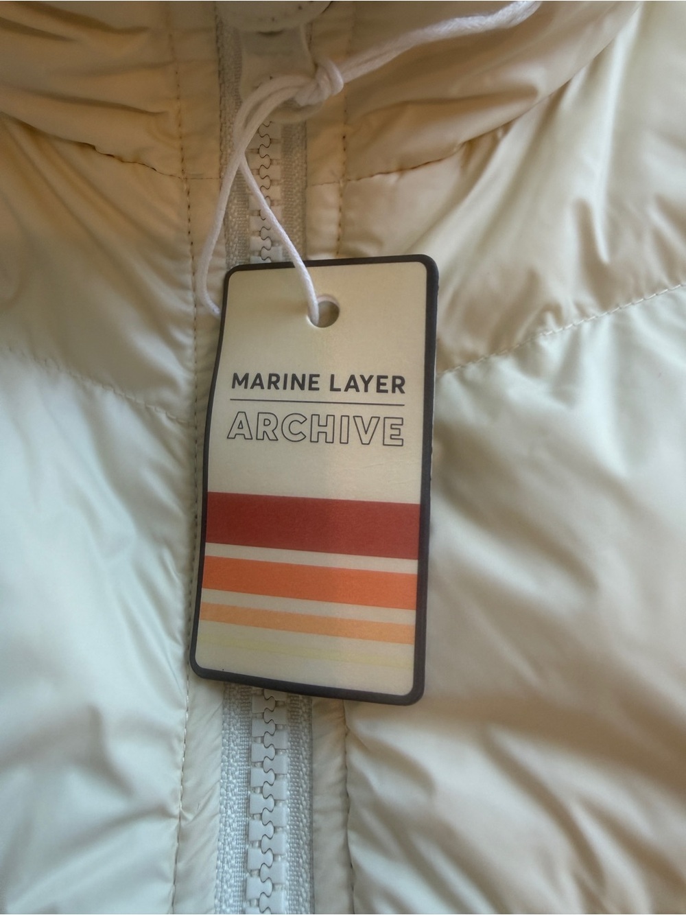 Marine Layer Cream Puffer Vest with Navy Lined Collar and Rainbow Trim - Picture 5 of 6